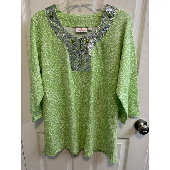 Quacker Factory Large Green White Tunic Silver Sequined Trim At Neck - Picture 1 of 11